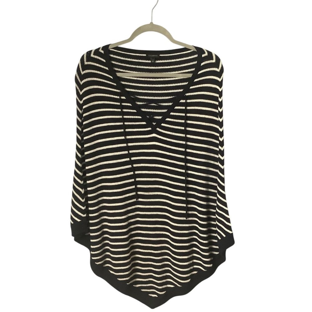 Talbots‎ Black White Striped Poncho Sweater With Lace-Up V-Neckline Small